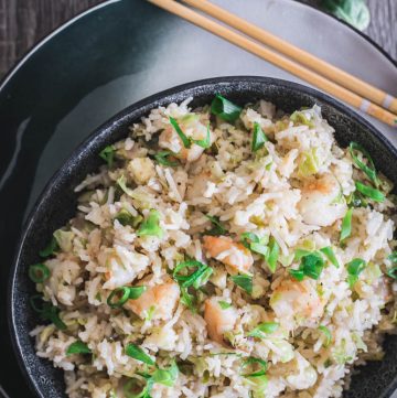 Prawn and Brussels Sprouts Fried Rice in black bowl