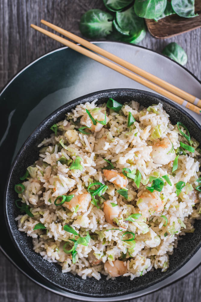 Prawn and Brussels Sprouts Fried Rice in black bowl