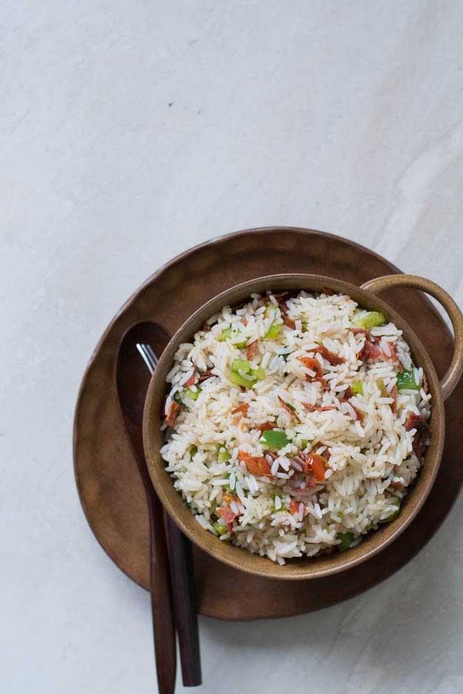 Stir fried Rice (with salami, sun dried tomatoes, bell peppers and herbs) - thespiceadventuress.com