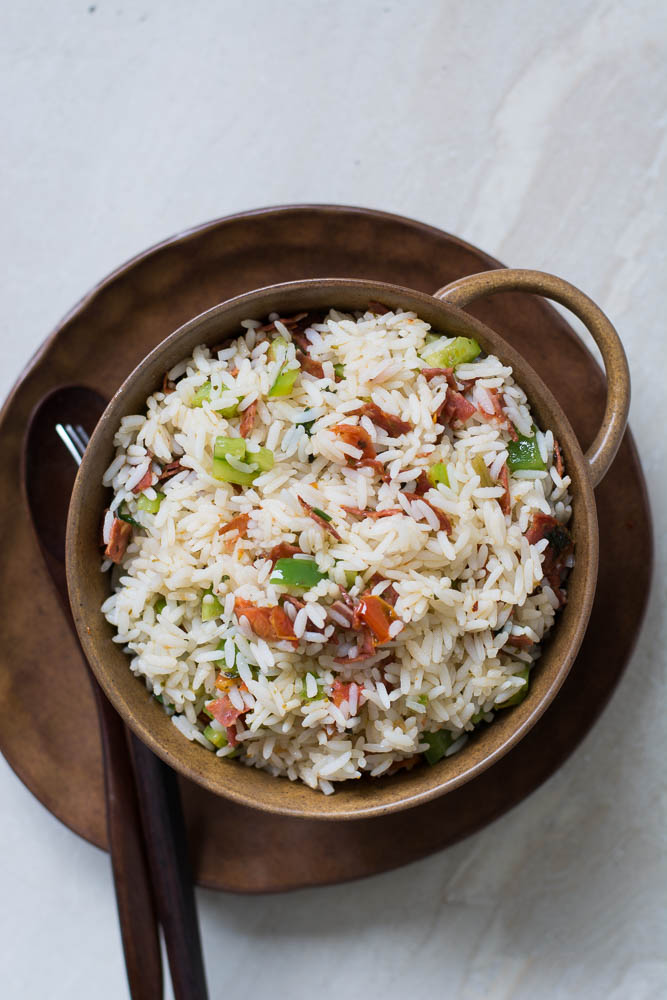 Stir fried Rice (with salami, sun dried tomatoes, bell peppers and herbs) - thespiceadventuress.com