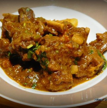 Lamb stew with vegetables served on white plate