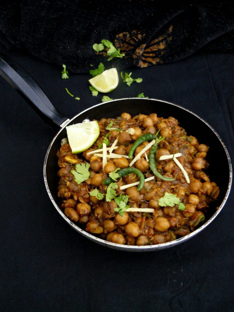 Indian chickpea curry in pan