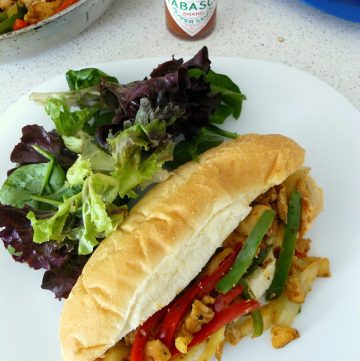 Sandwich with shredded chicken and capsicum served with a side of salad