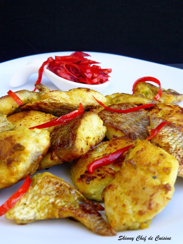 Fried fish pieces served with chilli jam