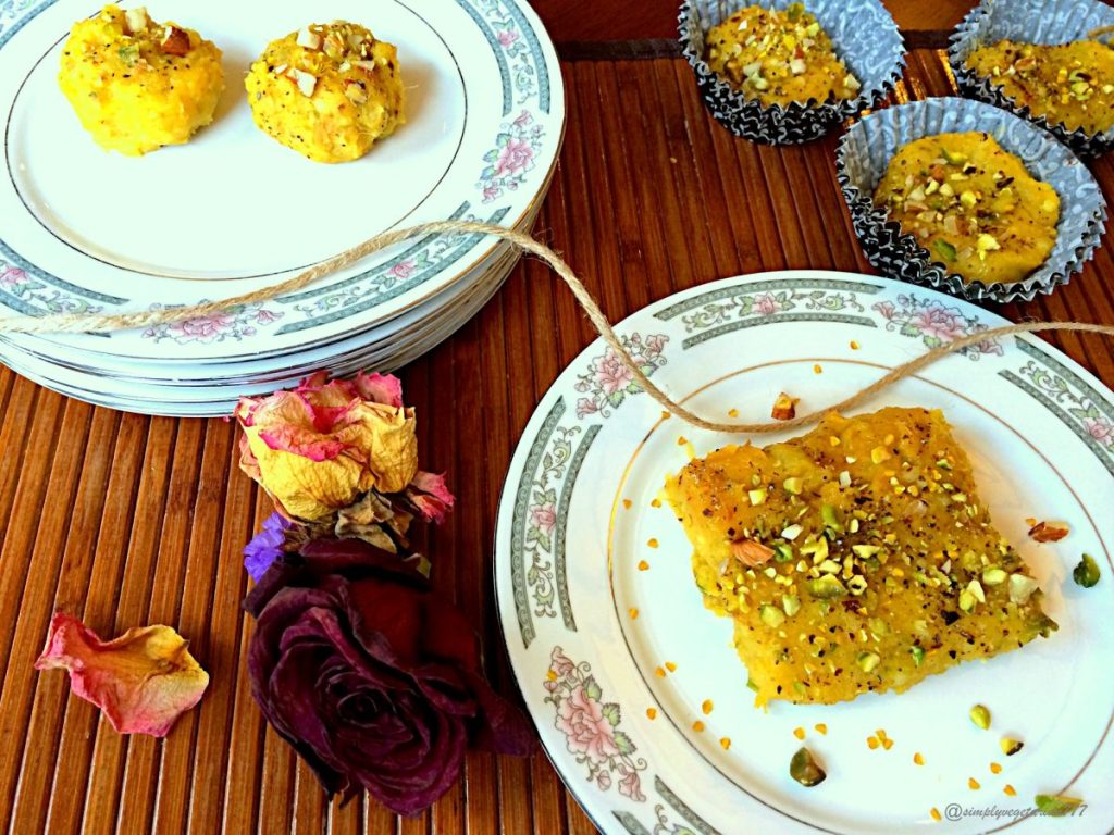 Mango fudge slices on two white plates