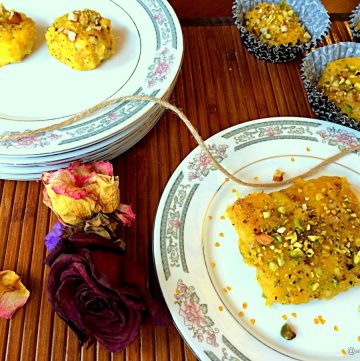 Mango fudge slices on two white plates