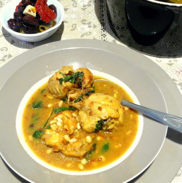 Braised chicken stew served on grey plate