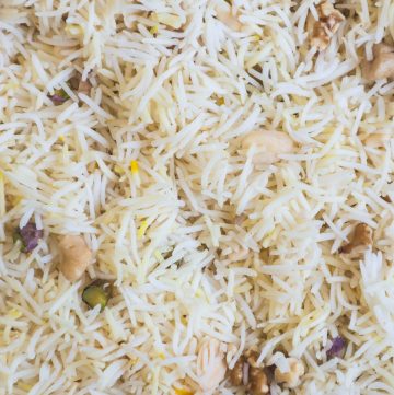 close up of Arabian rice with nuts and saffron