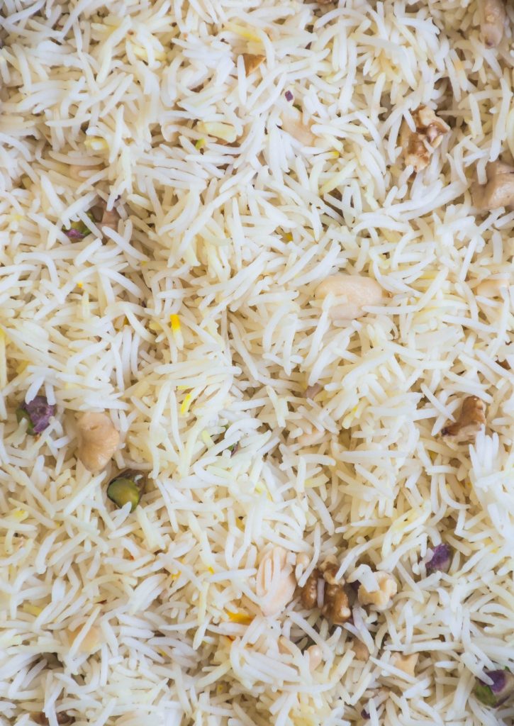 close up of Arabian rice with nuts and saffron