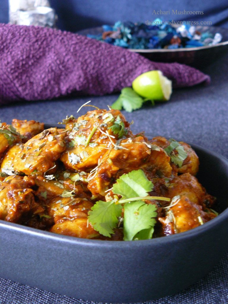 Indian mushroom stir fry in black bowl