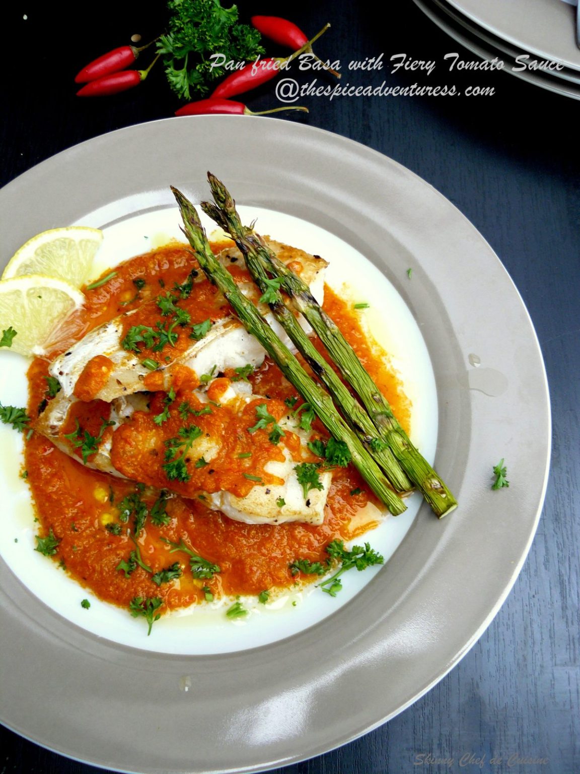 Pan Fried Basa with Fiery Tomato Sauce and Grilled Asparagus The