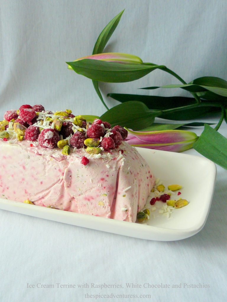 Ice Cream Terrine with Raspberries, White Chocolate and Pistachios