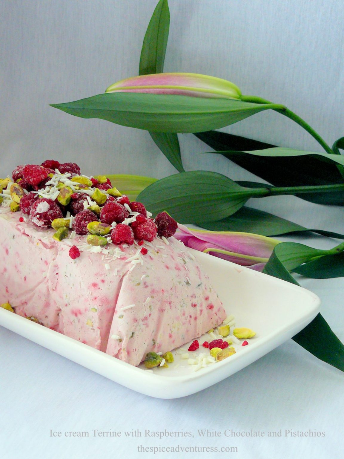 Ice Cream Terrine with Raspberries, White Chocolate and Pistachios