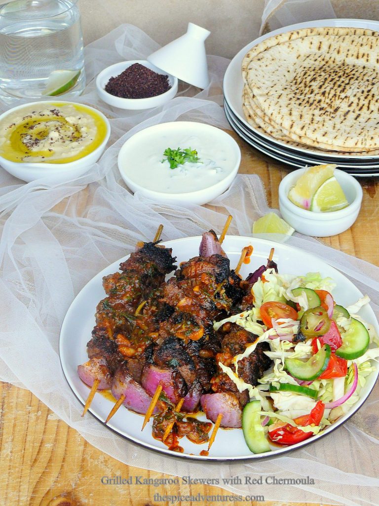Grilled kangaroo skewers served with salad on white plate, flatbreads and condiments on the side