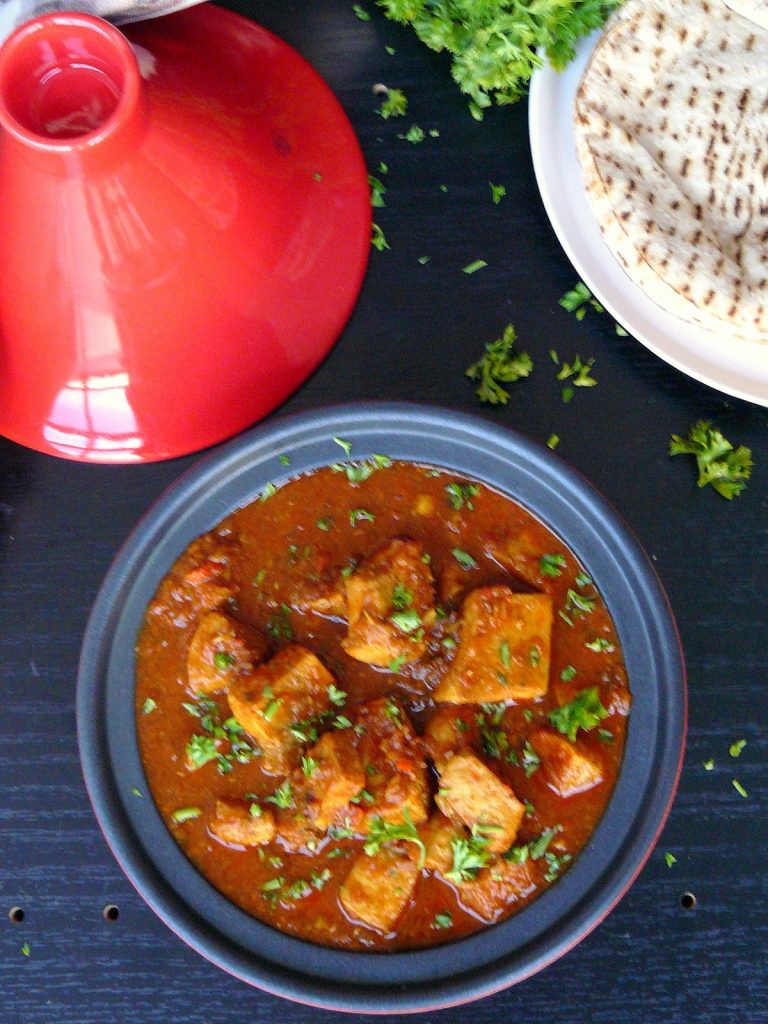 Tuna stew in red tagine pot