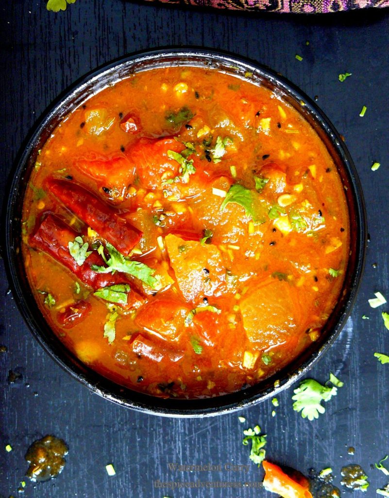 Indian style watermelon curry in black bowl