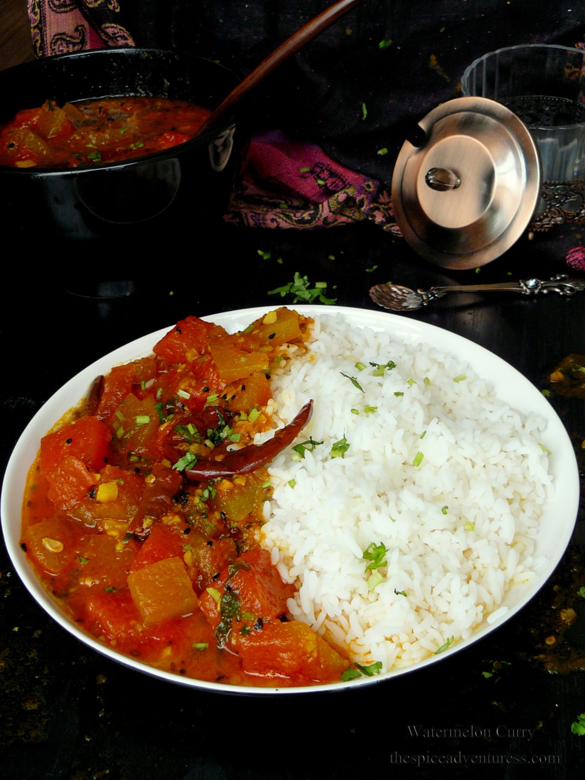 Watermelon Curry - a mildly spiced aromatic curry with watermelon rind and flesh - thespiceadventuress.com