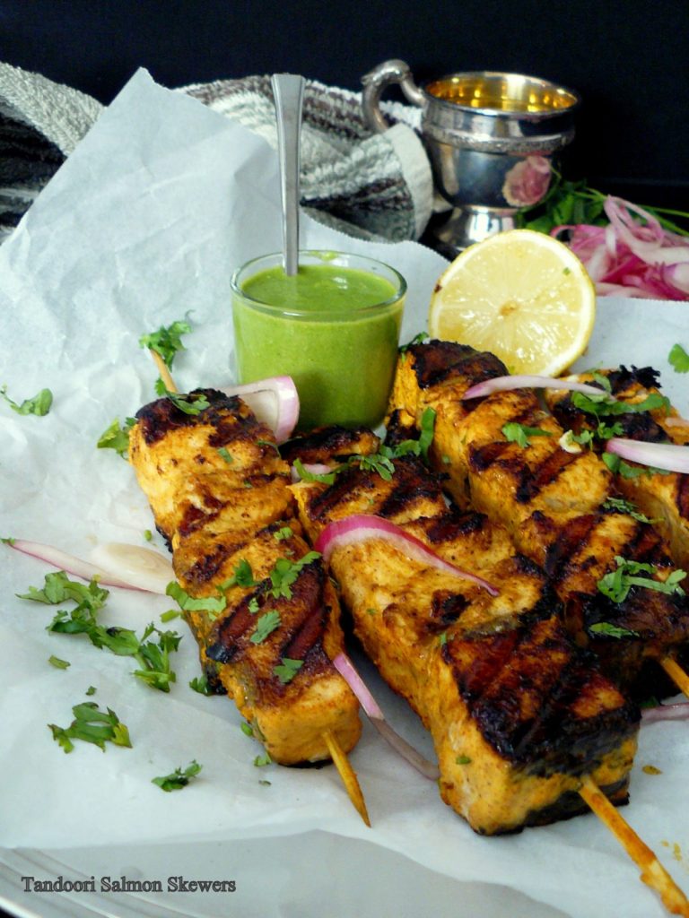 Grilled salmon skewers with mint chutney