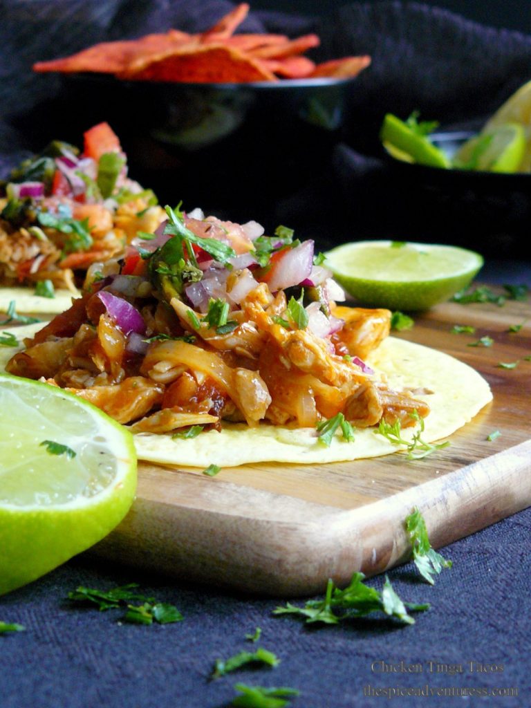 Chicken Tinga Tacos with Roasted Poblano Salsa - thespiceadventuress.com