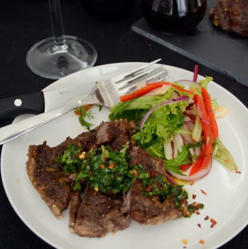 Grilled Steak (with curry flavoured smoked sea salt) with Chimichurri Salsa and Fennel Salad (dressed with strawberry port wine vinaigrette) - thespiceadventuress.com