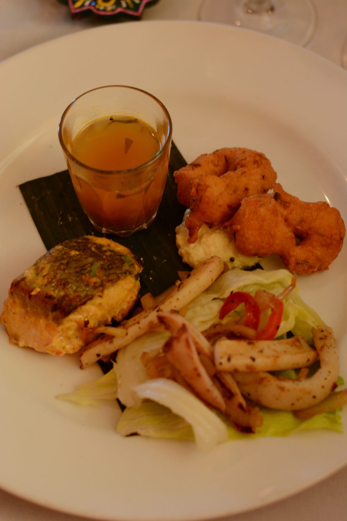 Kerala Pan Seared Salmon, Pepper studded Vadai, Madras style Calamari and a shot of peppery Rasam