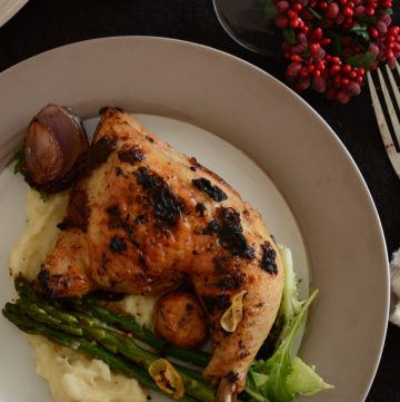 Roast Chicken with Vegemite Masala (with Chilli Garlic Asparagus and Cumin spiced Mashed Potatoes) - thespiceadventuress.com