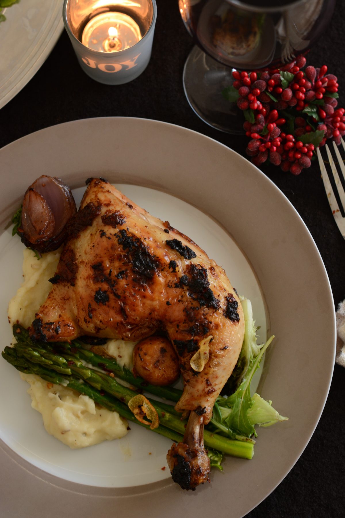 Roast Chicken with Vegemite Masala (with Chilli Garlic Asparagus and Cumin spiced Mashed Potatoes) - an Indo Australian fusion recipe - thespiceadventuress.com
