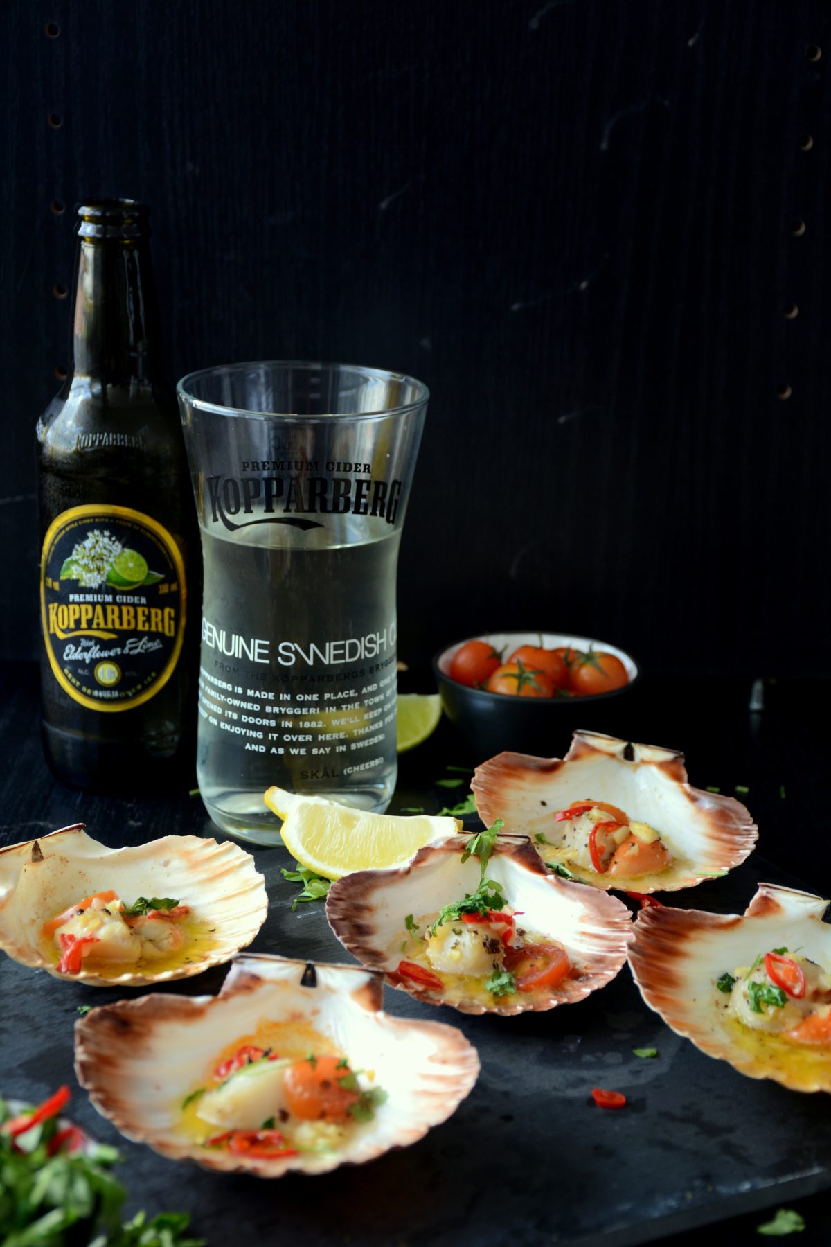 Grilled Scallops with Garlic Butter and Chillies served with Kopparberg Elderflower & Lime Cider - thespiceadventuress.com