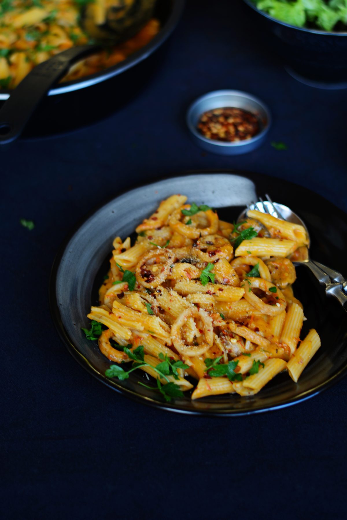 Penne with Chilli Squid in a Roasted Tomato Sauce - simple, delicious and full of flavour - thespiceadventuress.com