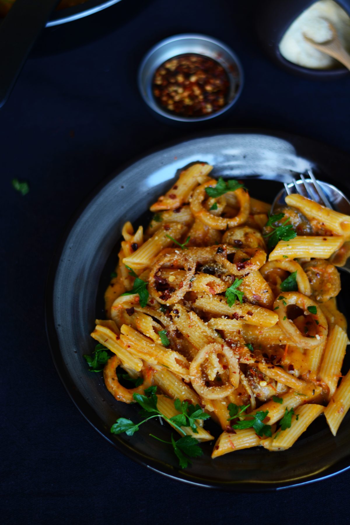 Penne with Chilli Squid in a Roasted Tomato Sauce - simple, delicious and full of flavour - thespiceadventuress.com