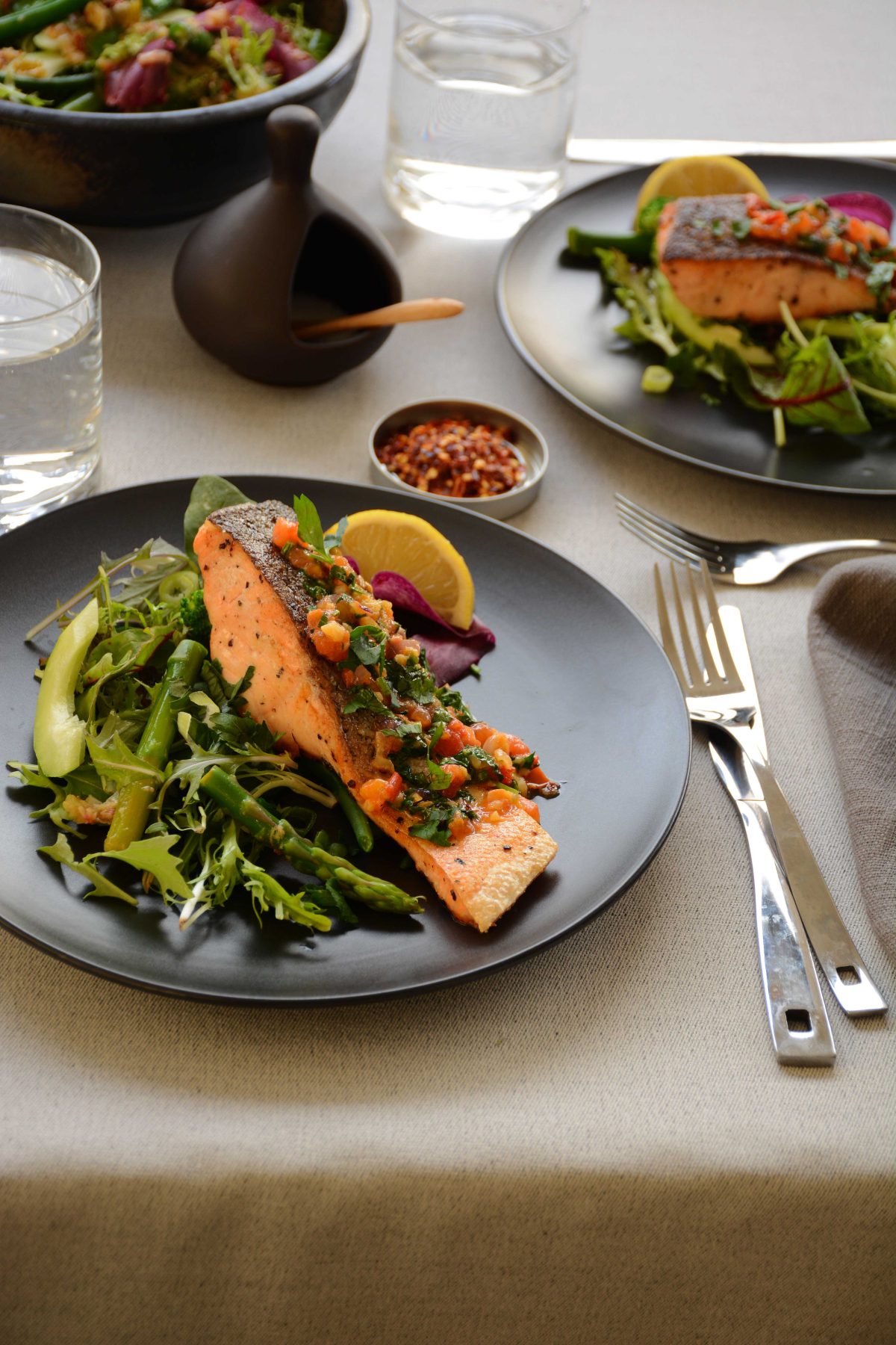 Pan Fried Salmon (with Spicy Green Salad and Tomato Butter Sauce) - a healthy and delicious weekday dinner - thespiceadventuress.com