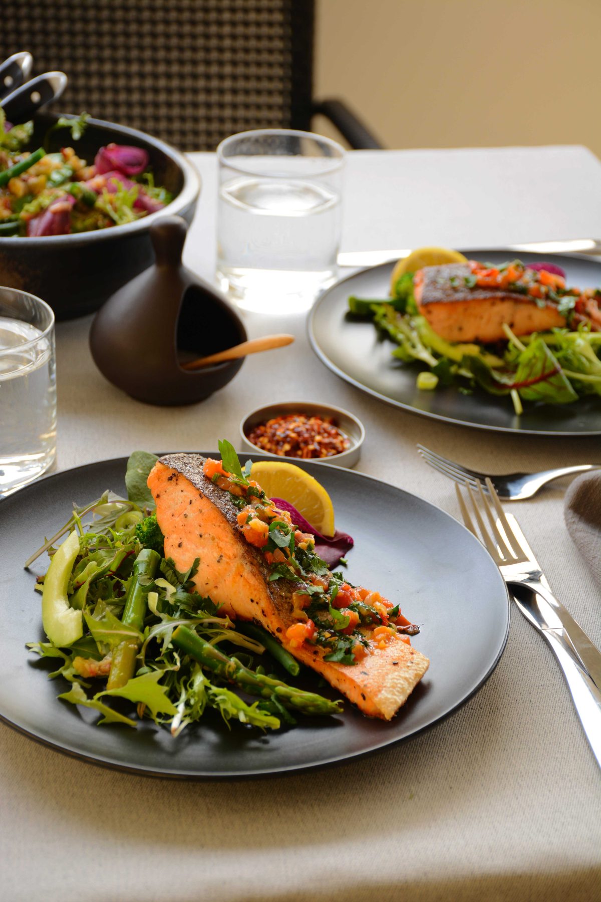 Pan Fried Salmon (with Spicy Green Salad and Tomato Butter Sauce) - a healthy and delicious weekday dinner - thespiceadventuress.com