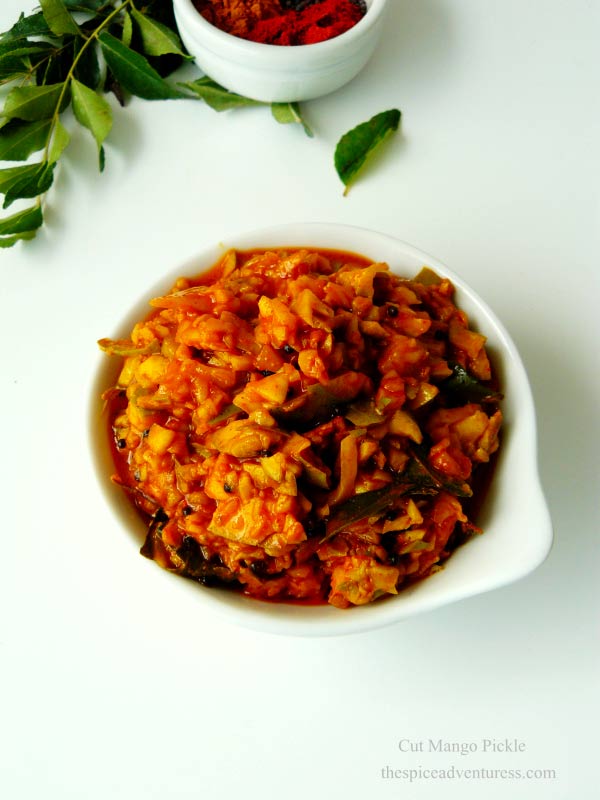 Cut mango pickle (Onam sadya) - an instant pickle made from raw mangoes - thespiceadventuress.com