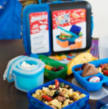 Blue lunch box set with food