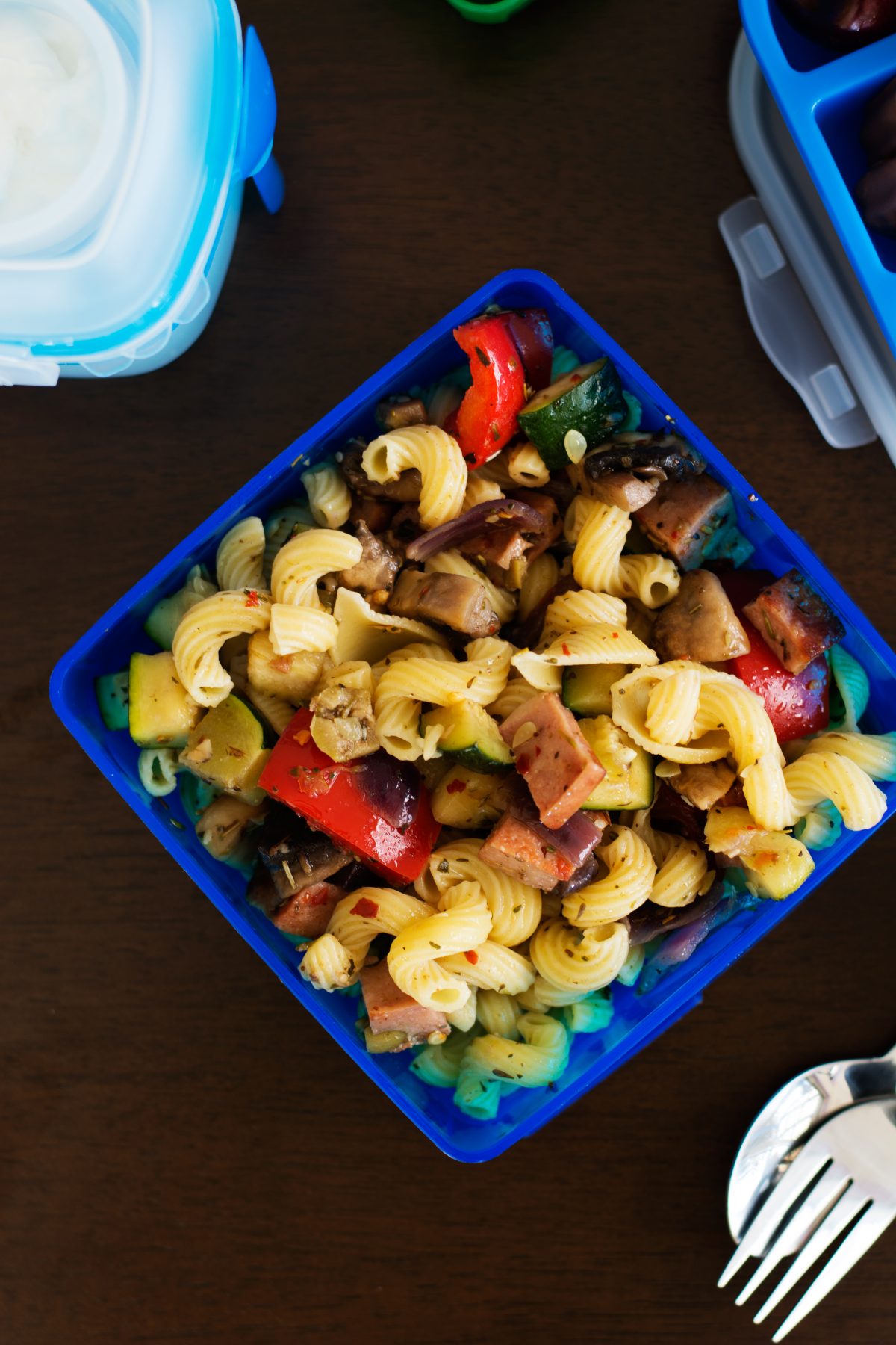 Pasta stir fry with Mortadella and an assortment of vegetables - thespiceadventuress.com