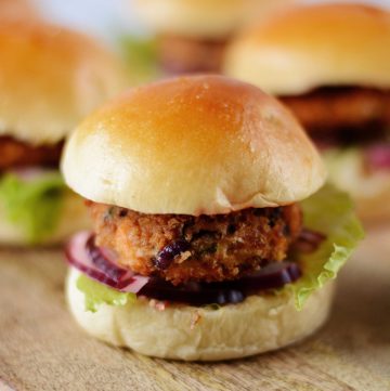 Close up of salmon slider in brioche bun