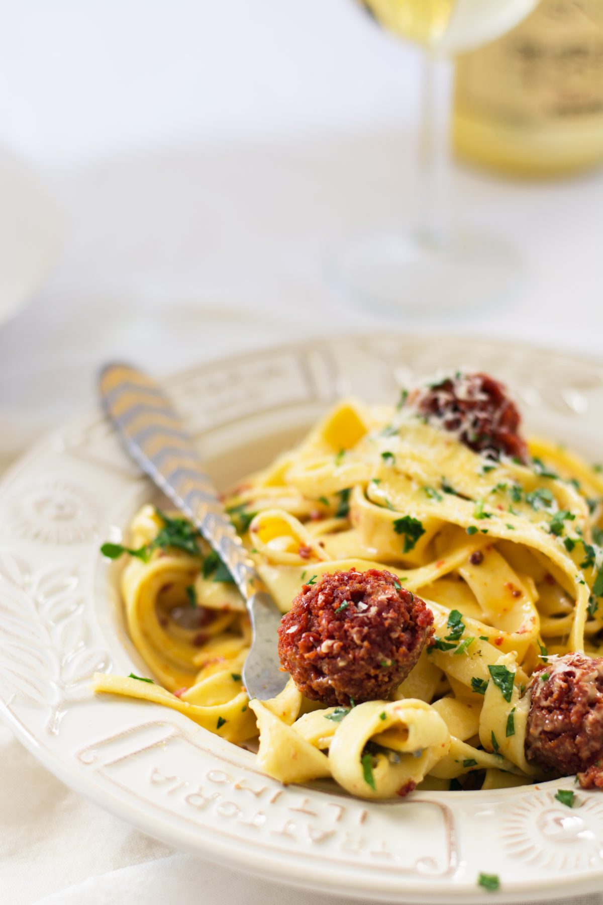 Fettuccine Carbonara (with Spicy Sausage Meatballs) - thespiceadventuress.com