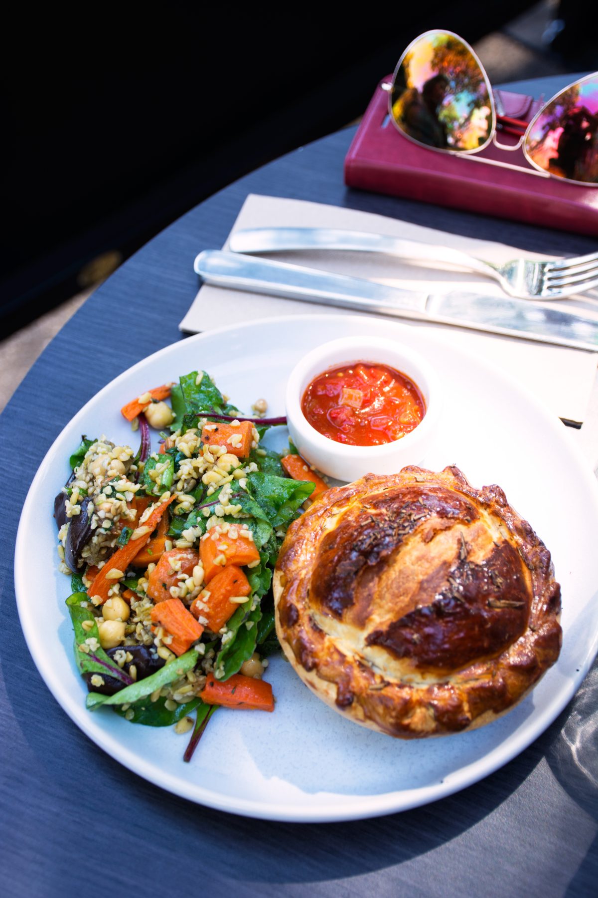 Frankie’s lamb pie with red pepper relish and a couscous, roast vegetables, chickpea salad - Frankie's Topshop - thespiceadventuress.com