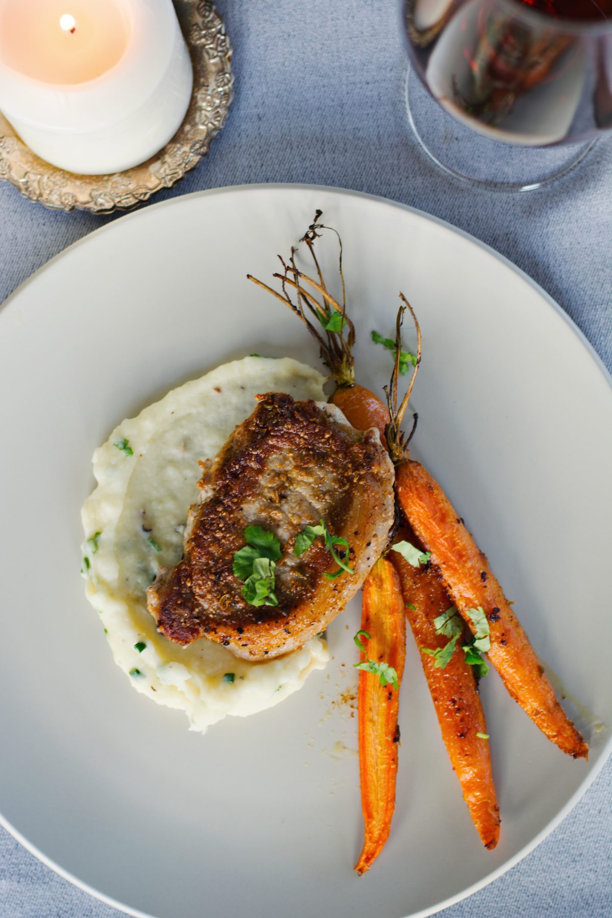 Pork Steaks with Madeira Reduction, Potato Mash and Roasted Carrots