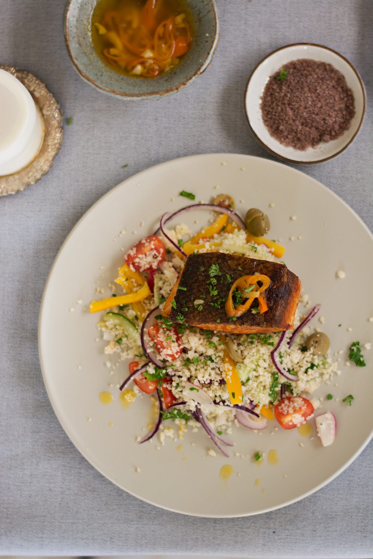 Pan Fried Salmon (with Olive Salt), Garlic Butter Sauce and Couscous Salad - thespiceadventuress.com