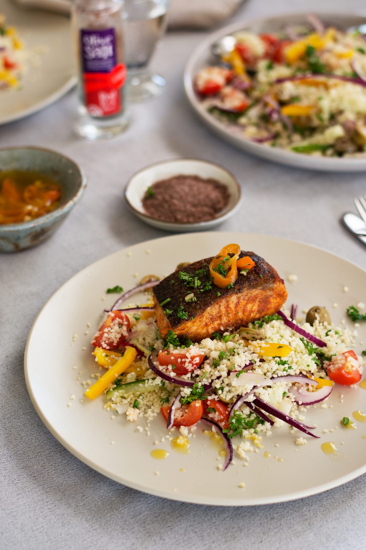 Pan Fried Salmon (with Olive Salt), Garlic Butter Sauce and Couscous Salad - thespiceadventuress.com