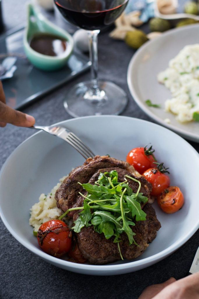 Steak (with Smashed Potato Salad, Cherry Tomatoes, Red Wine Jus) - thespiceadventuress.com