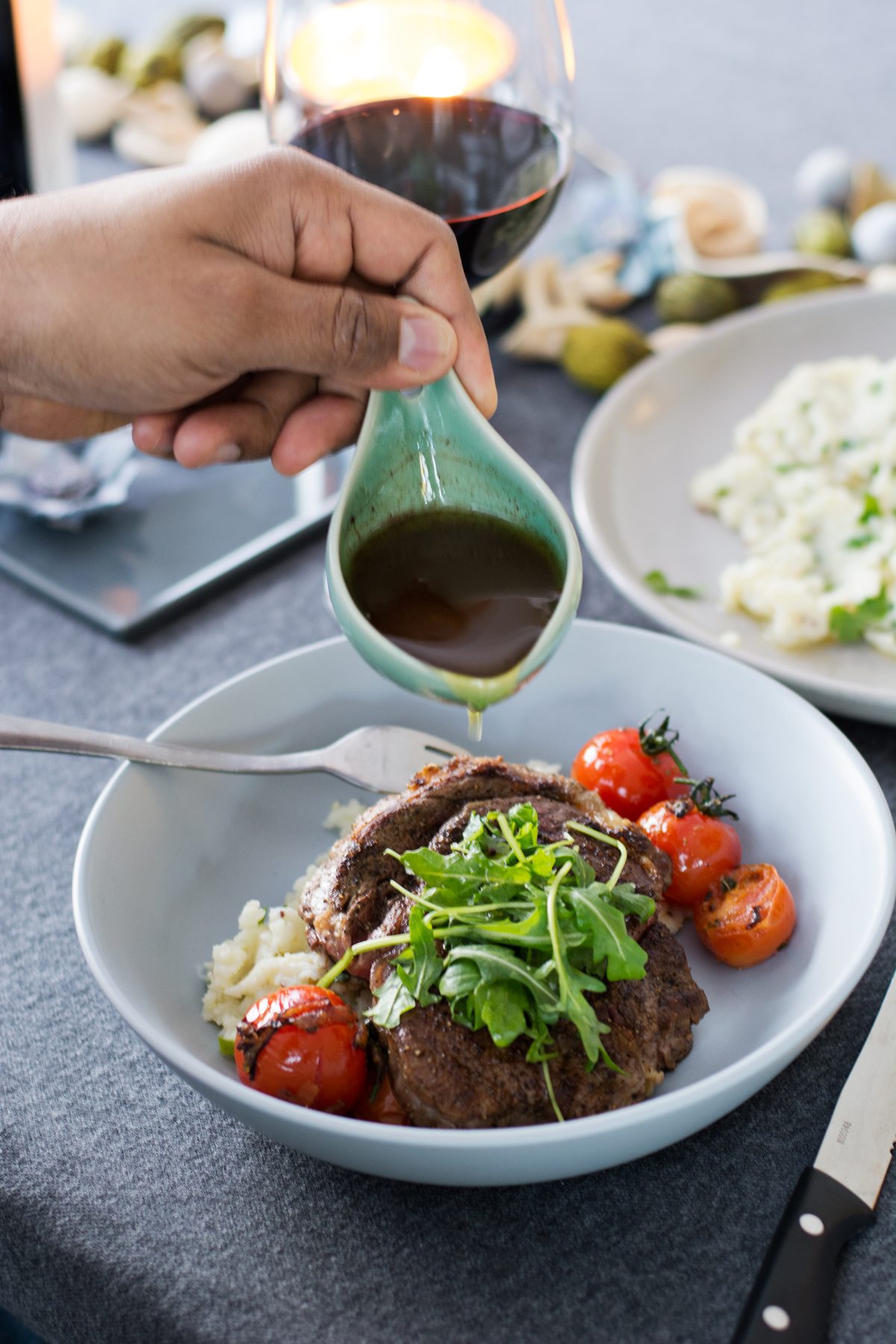 Steak (with Smashed Potato Salad, Cherry Tomatoes, Red Wine Jus) - the ultimate Father's Day recipe - thespiceadventuress.com