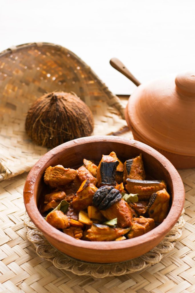 Kerala style stingray curry in earthenware pot