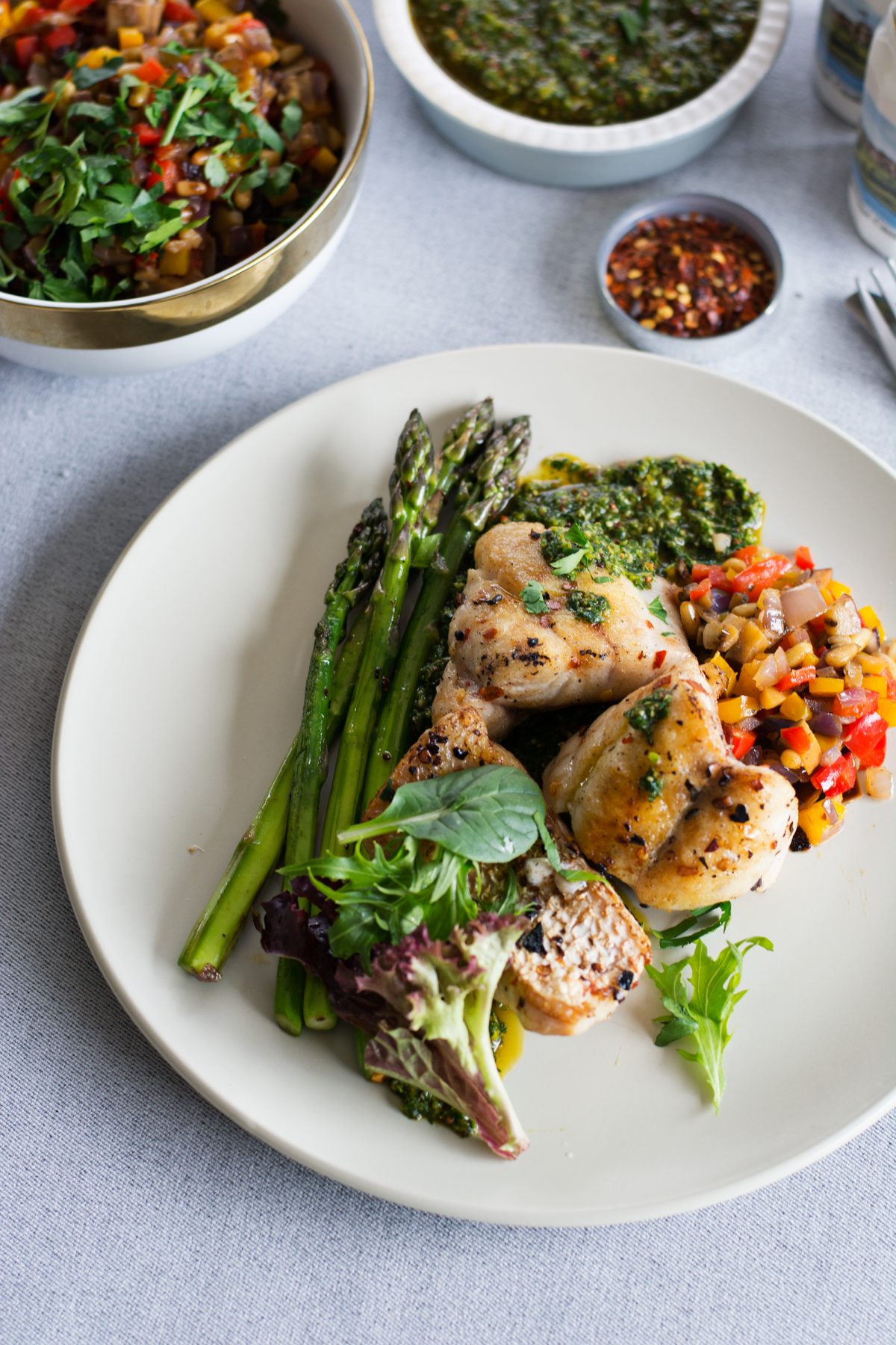 Pan Fried Snapper (with Salsa Verde, Caponata and Asparagus)