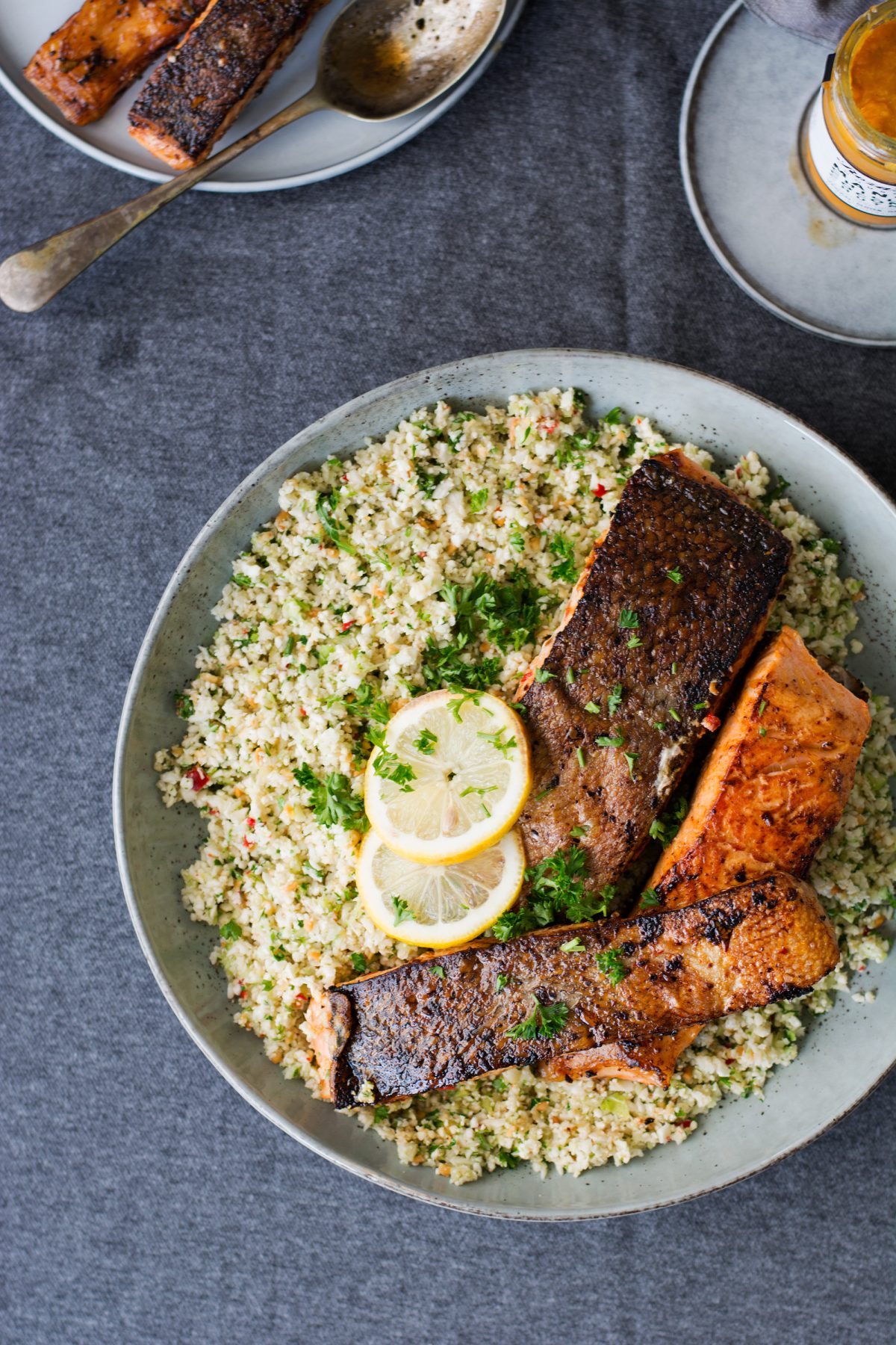 Crispy Skinned Salmon with Cauliflower Rice - thespiceadventuress.com