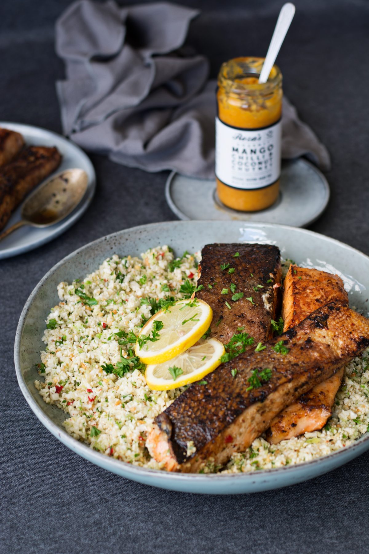 Crispy Skinned Salmon with Cauliflower Rice - thespiceadventuress.com