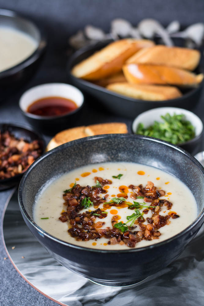 Potato and Parsnip Soup (with Bacon and Chilli Oil) - thespiceadventuress.com