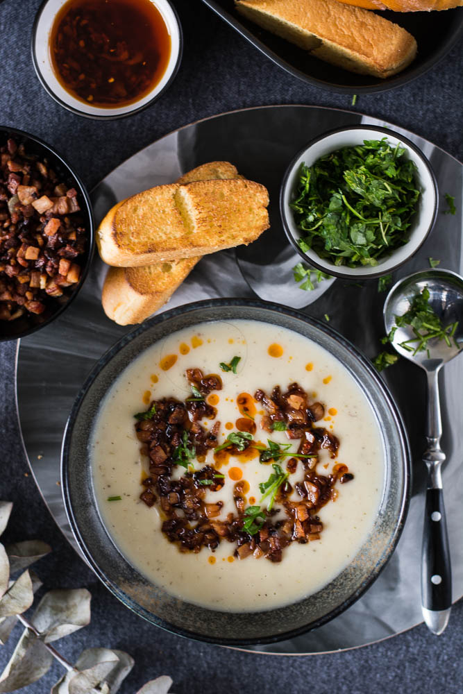 Potato and Parsnip Soup (with Bacon and Chilli Oil) - thespiceadventuress.com