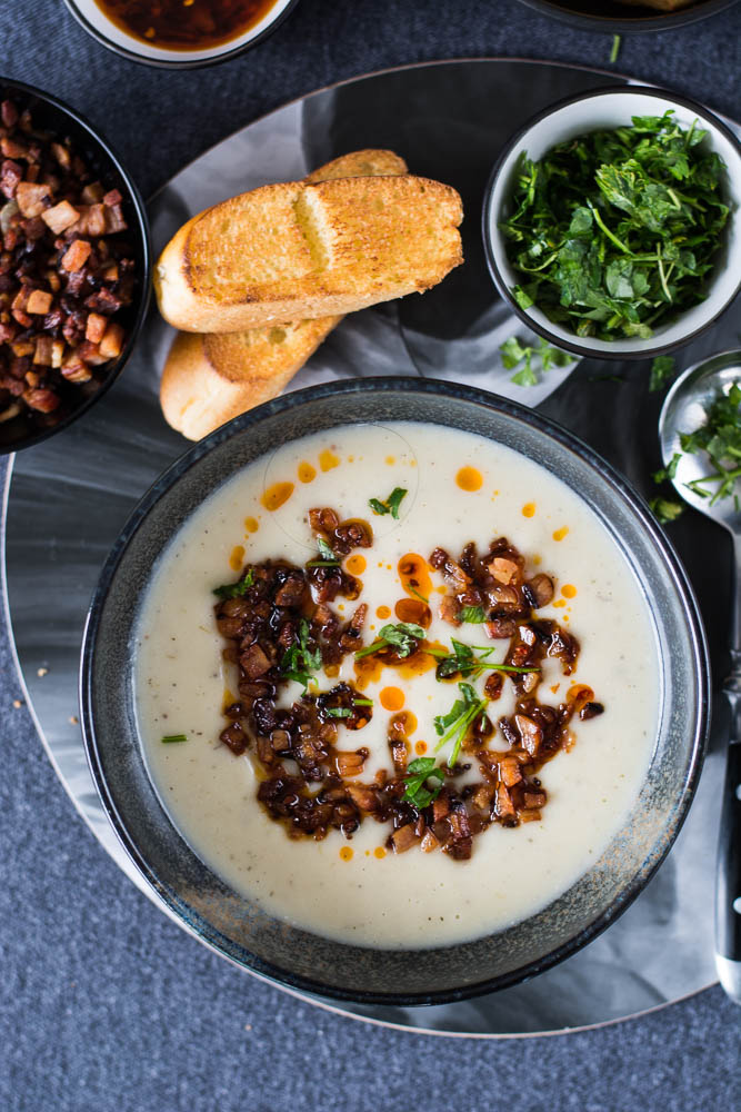 Potato and Parsnip Soup (with Bacon and Chilli Oil) - thespiceadventuress.com